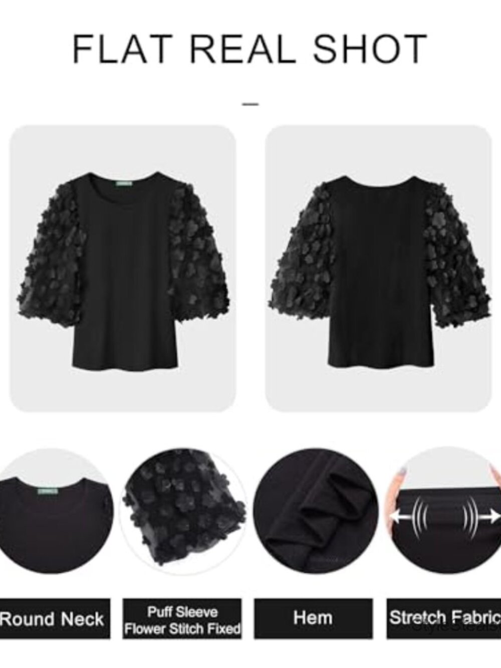 Cotton Blend 3/4 Puff Sleeve Crew Neck Blouse with Mesh Appliques - Picture 5 of 6